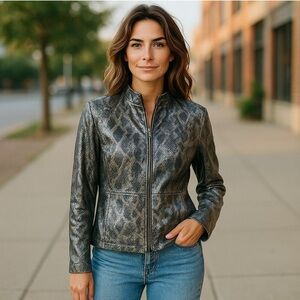 Chico’s NWT Metallic Python Print Samaira Zip Up Jacket Size 2 Large